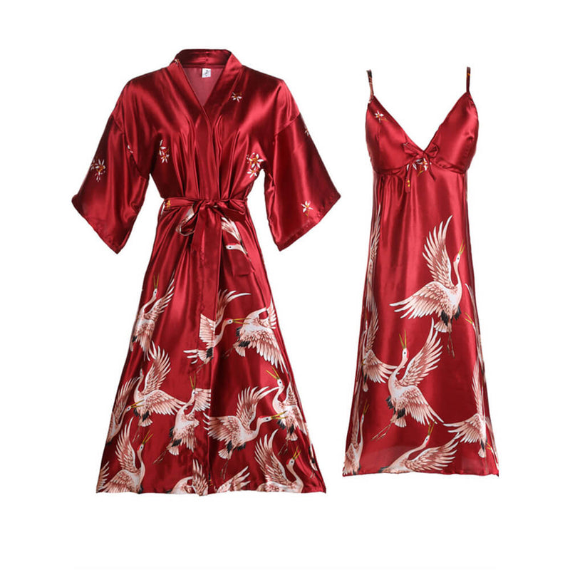 2 PCS Japanese kimono Style Satin Night Robe Suit